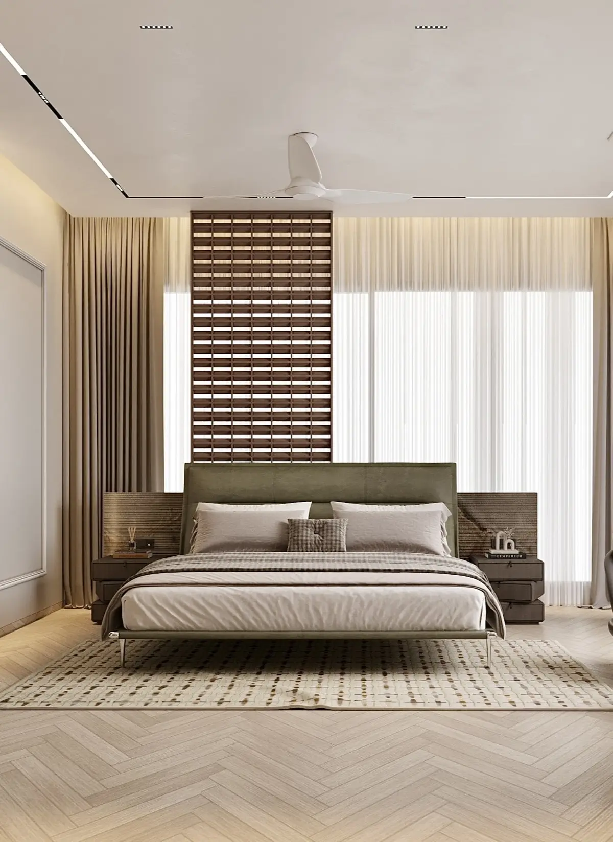 Interior visualisation of a bedroom with a slatted timber screen behind an upholstered bed and a herringbone floor