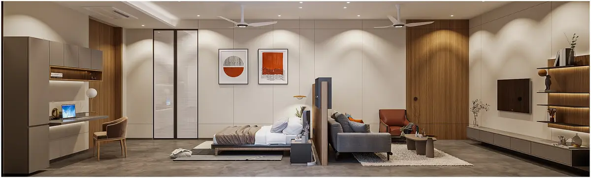 Panoramic interior visualisation of a bedroom suite with a lounge, study corner and TV wall