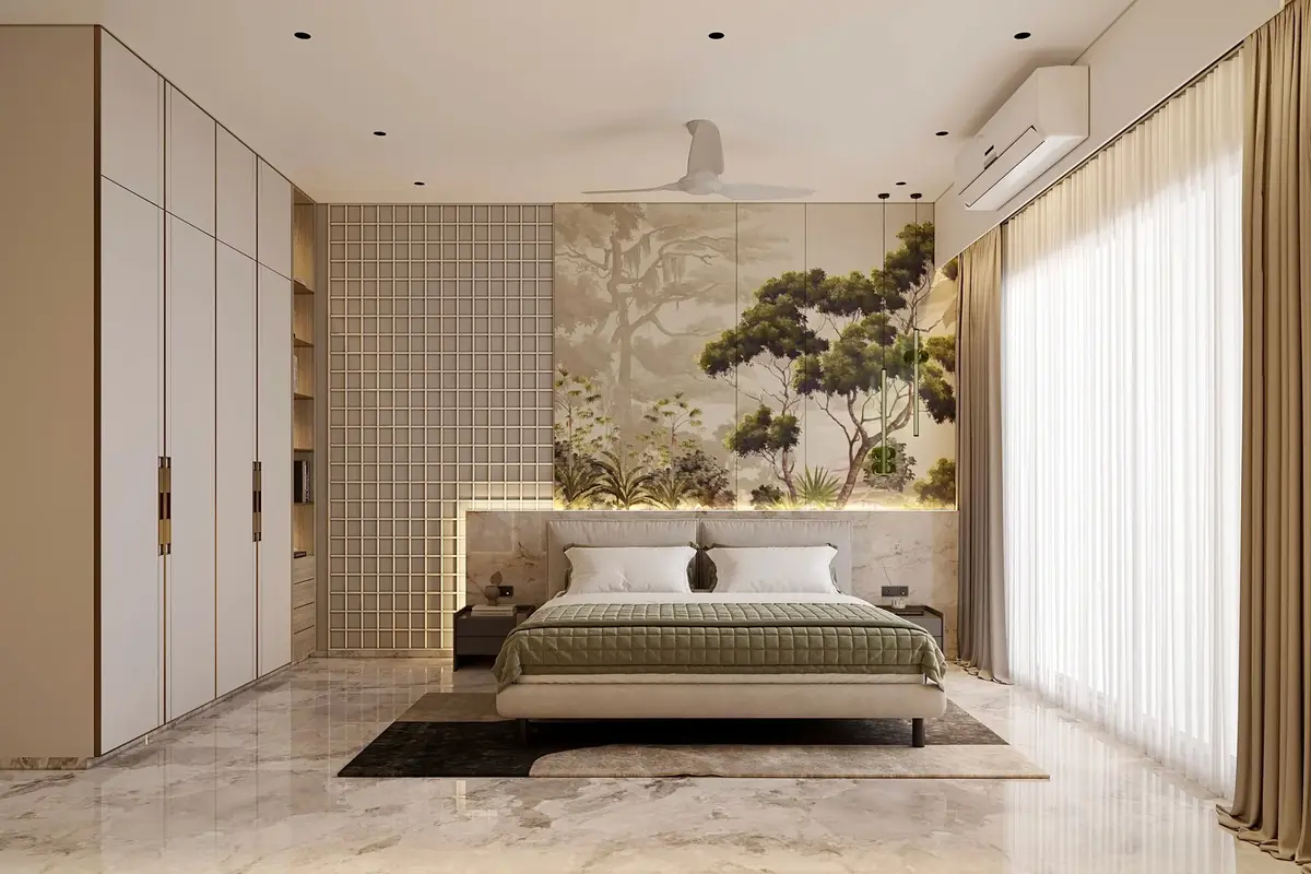 Guest bedroom with a botanical mural, upholstered bed and a woven textured wall panel